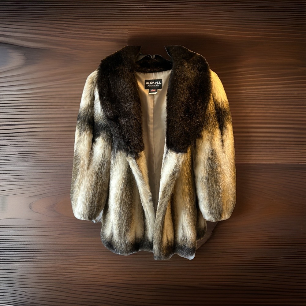 Olympia Limited Inc Faux Fur Coat Jacket Large USA Beige Brown Black Vintage‎ - Picture 8 of 8
